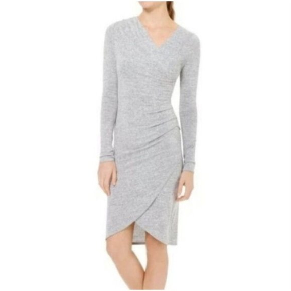 Wilfred Free Aritzia Klum Faux Wrap Dress M Heather Grey Long Sleeve Ruched Midi - Picture 1 of 13